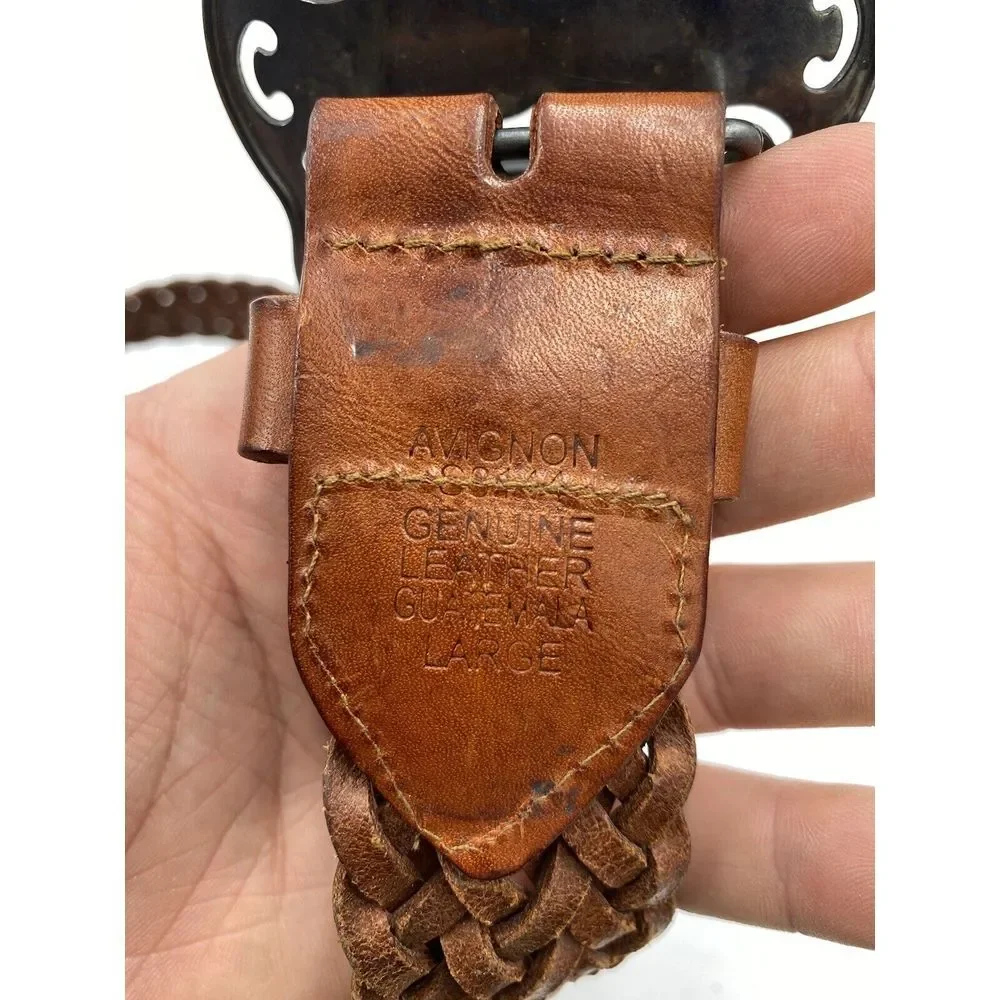 Avignon Women's Leather Cross Weave Patterned Buck Buckle Brown‎ Belt